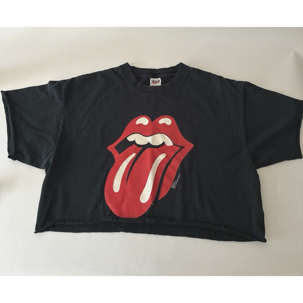 VTG 2002 Rolling Stones Licks Tour Black T Shirt Size L Anvil Cut Sleeves Crop